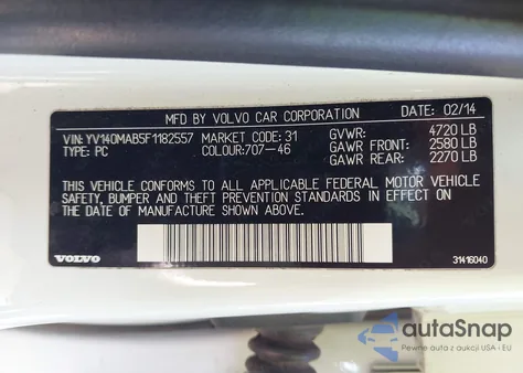 2015 Volvo S80 T5 z USA, uszkodzony, nr VIN YV140MAB5F1182557